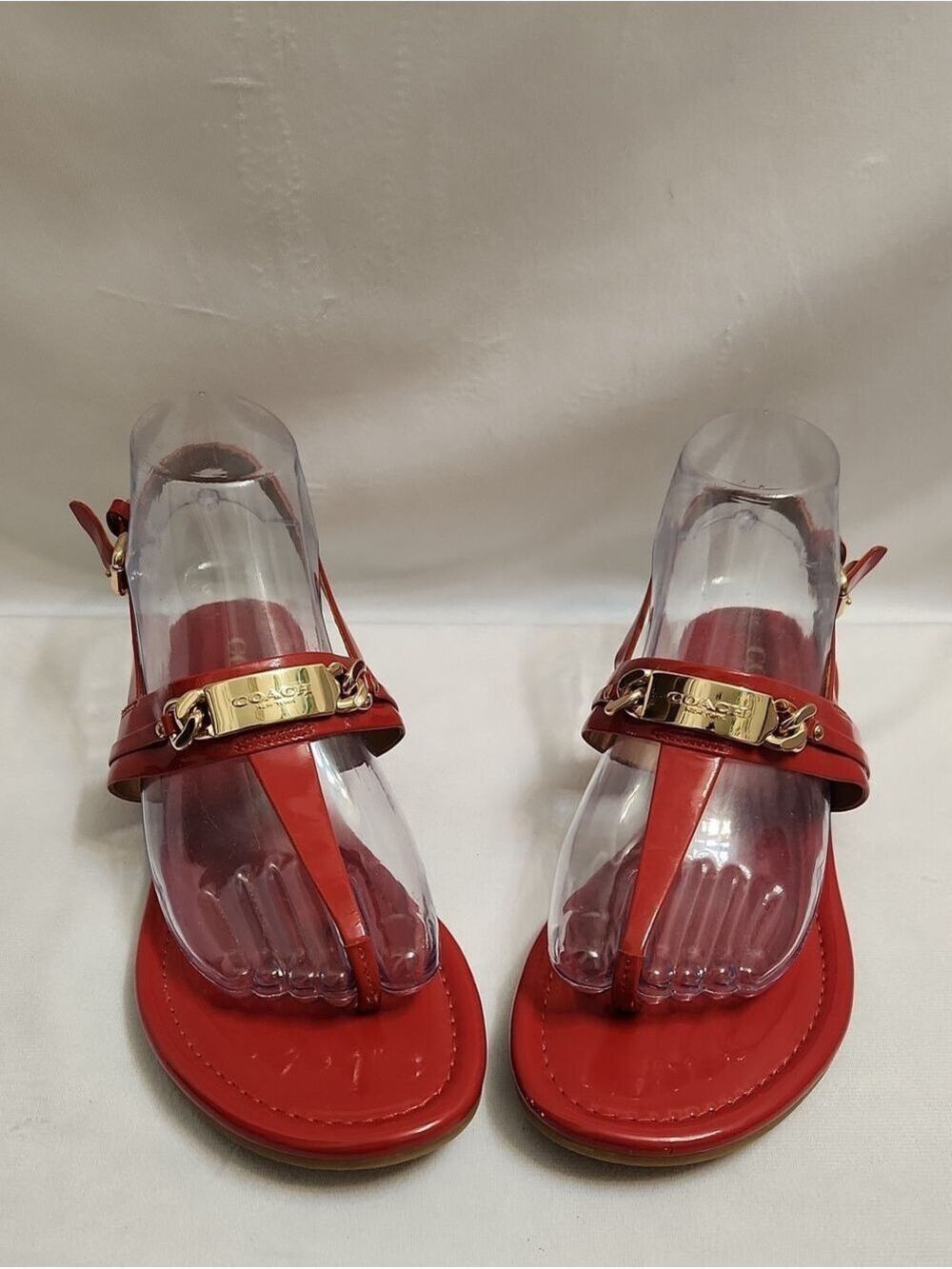 Coach Catherine Red Gold Glossy Patent Leather T-Strap Sandals (W Size 7)